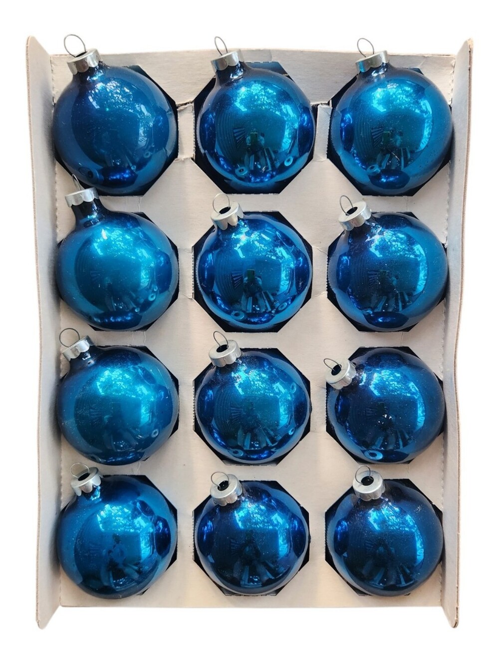 12 Vintage Holly Bright Blue Glass Christmas Ornaments in Box